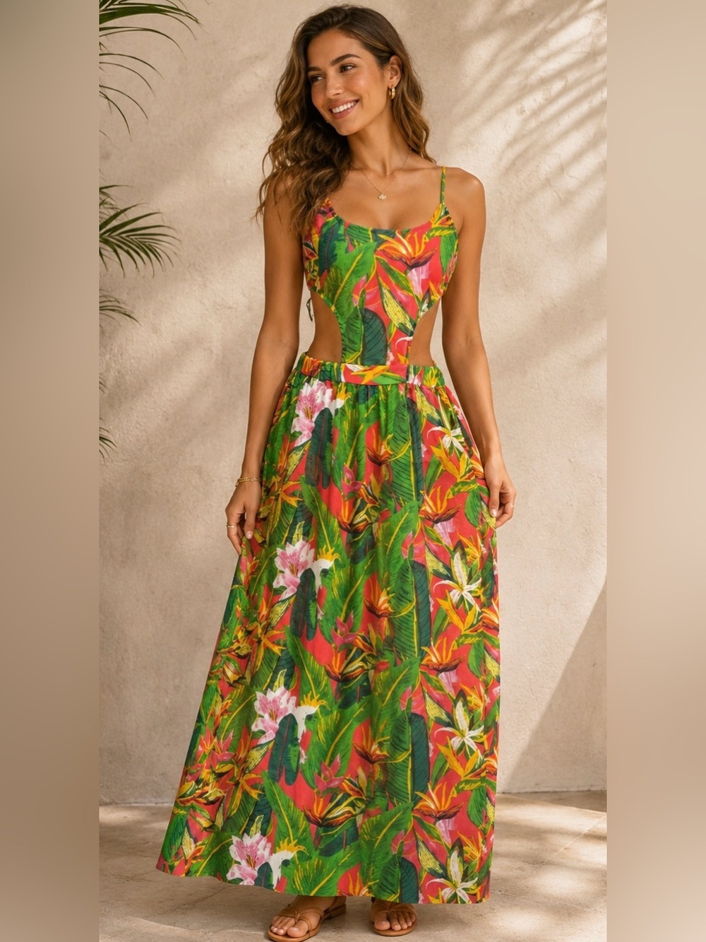 Boohoo Beach Green Tropical Cutout Maxi Dress with Pink & Orange Floral Print